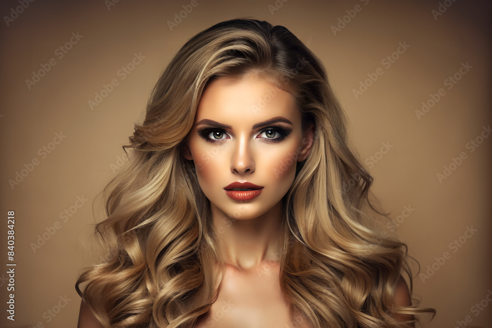 Fototapeta premium Pretty European beautiful woman, blond long hair with makeup glowing face and healthy facial skin portrait and smile on isolated beige background. Cosmetology, plastic surgery concept.
