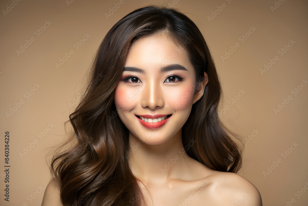 Fototapeta premium Pretty Asian beautiful woman, long hair with Korean makeup glowing face and healthy facial skin portrait and smile on isolated beige background. Cosmetology, plastic surgery concept.