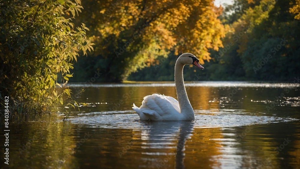 Fototapeta premium Swan glides gracefully on tranquil body of water, bathed in warm glow of sunlight filtering through autumn leaves. Serene scene captures swans elegant neck curve, its reflection on shimmering surface.