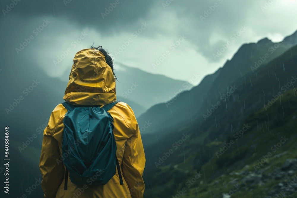A person dressed in a yellow rain jacket and carrying a blue backpack, suitable for outdoor or travel images A person dressed in a yellow rain jacket and carrying a blue backpack, suitable for outdoor or travel images