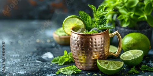 Refreshing Moscow Mule Cocktail Served in Copper Mug with Mint and Lime Garnish. Concept Cocktail Photography, Moscow Mule Recipe, Copper Mug Presentation, Mint Garnish, Lime Decoration photo