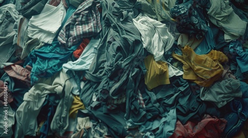 A heap of clothing items lying on a wooden surface, possibly in need of cleaning or organization © Ева Поликарпова