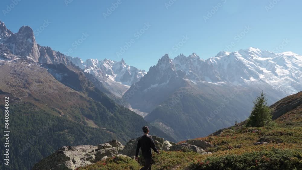 Male hiker enjoying on alpine track with Mont Blanc massif among the French Alps at France Male hiker enjoying on alpine track with Mont Blanc massif among the French Alps at France