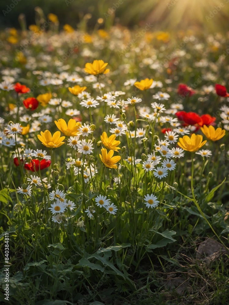 Fototapeta premium Field of vibrant flowers absorbs sunlight, casting glow on varied hues of yellow, red against verdant backdrop. Sunlight permeates scene, accentuating contrast of colors, casting gentle shadows.