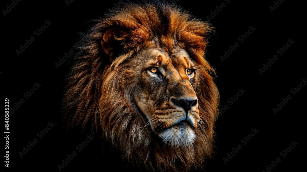 majestic lion portrait closeup on dramatic black background powerful wildlife photography digital art