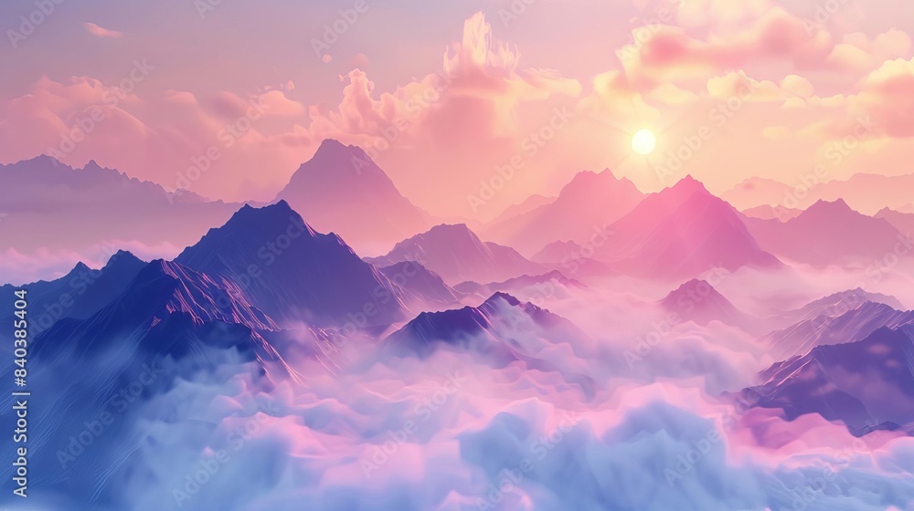 Fototapeta premium majestic mountain landscape at sunset fogshrouded peaks and valleys dreamy aigenerated artwork