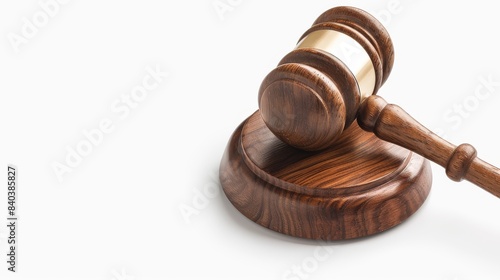 Close-up of a wooden gavel and sound block on a white background symbolizing law, justice, or auction. photo