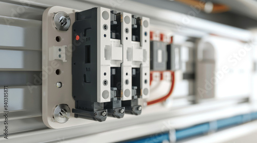 Close-up of industrial electrical equipment with circuit breakers and wiring, focused on safety and functionality in modern machinery.