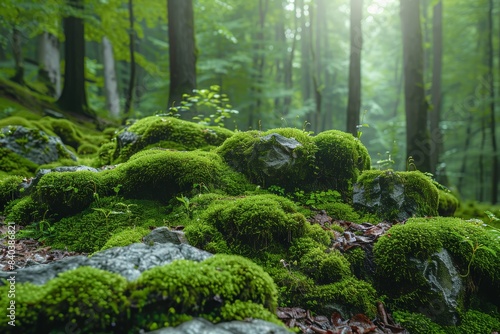 Moss-covered rocks in a serene woodland, showcasing natural textures. 