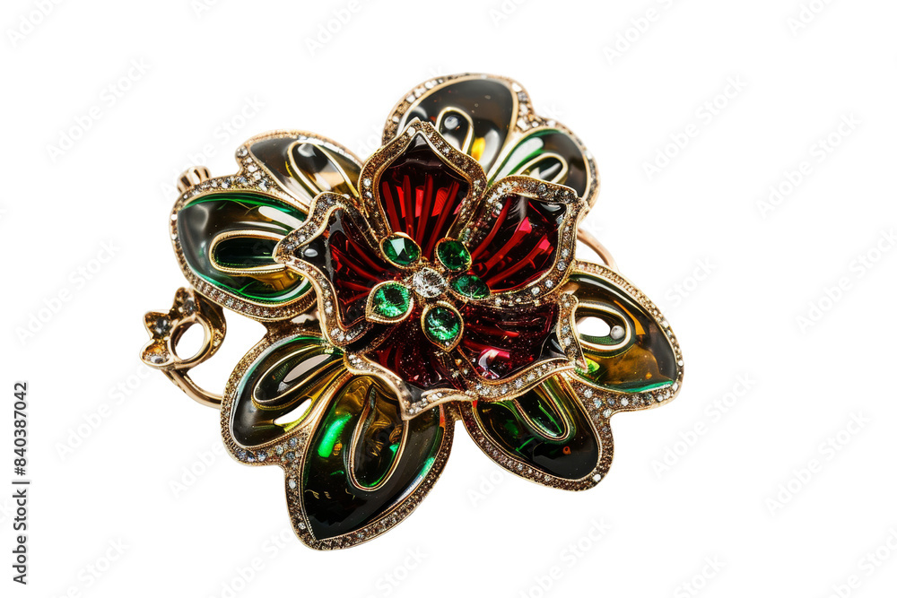 Elegant Gold Flower Brooch with Red and Green Enamel and Diamonds Elegant Gold Flower Brooch with Red and Green Enamel and Diamonds