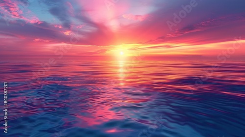 Tranquil Sunrise Over Serene Ocean in Vibrant Abstract Wellness Background  The sky transitions from deep blues and purples to warm oranges and pinks reflecting on the calm water s surface