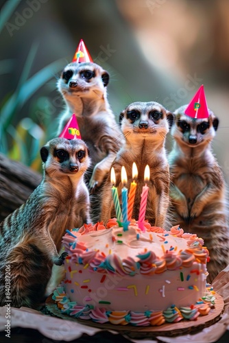 A family of meerkats gathered around a birthday cake with lit candles, wearing tiny birthday hats © Mari