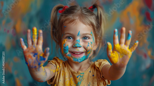 A beautiful little girl, painted with colorful paints, is smiling cheerfully.