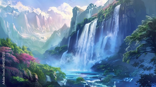 majestic waterfall cascading in vibrant landscape inspirational bible verse digital painting