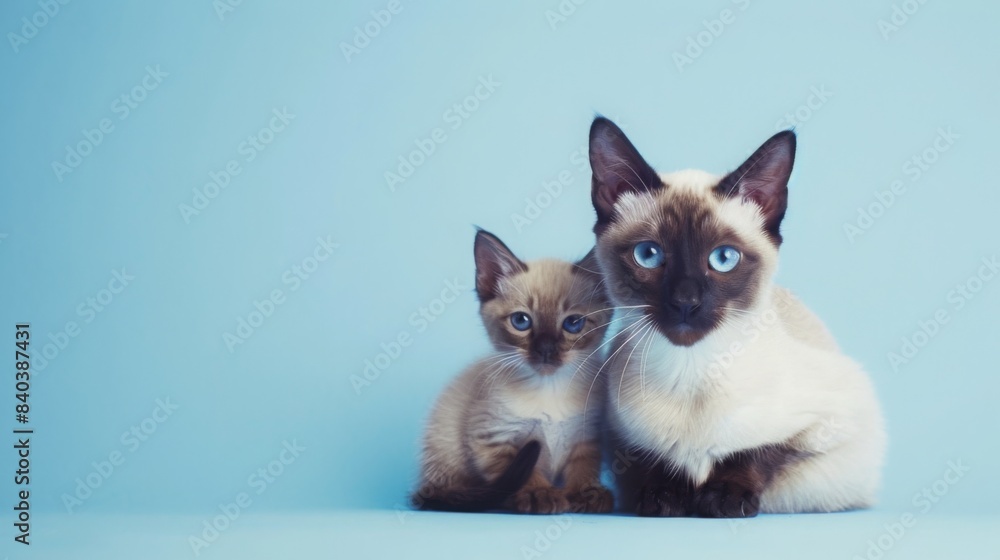 A mother Siamese cat and her kitten sit side by side against a blue background. The cats look directly at the camera with their blue eyes.
