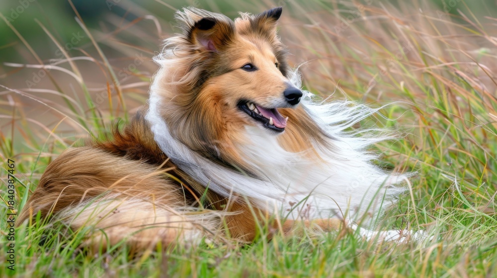Shetland Sheepdog brown and white collie dog laying in a field of tall grass Shetland Sheepdog brown and white collie dog laying in a field of tall grass