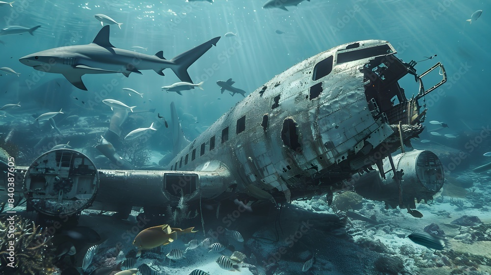custom made wallpaper toronto digitalThrilling Underwater Airplane Wreckage Surrounded by Sharks