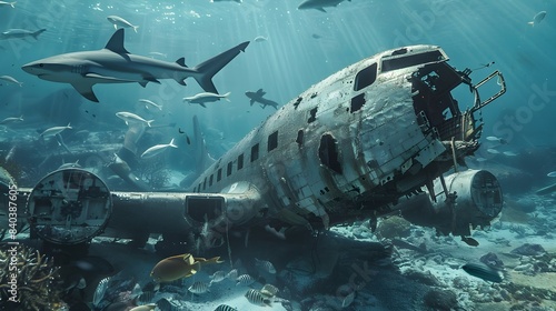 Wallpaper Mural Thrilling Underwater Airplane Wreckage Surrounded by Sharks Torontodigital.ca