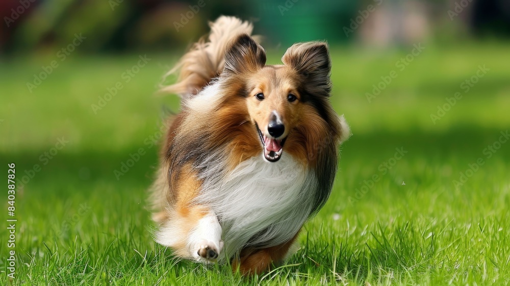 Shetland Sheepdog running through a grassy field. Shetland Sheepdog running through a grassy field.