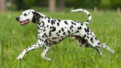 a Dalmatian dog running through a grassy field black spots all over