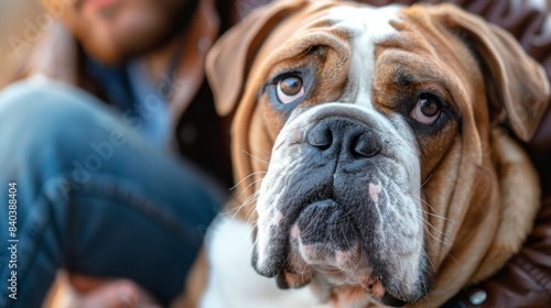 A loyal English Bulldog sitting obediently beside its owner, with its wrinkled face photo