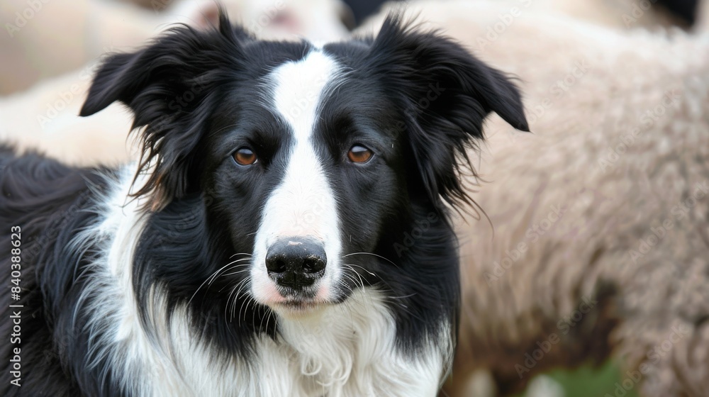 a black and white border collie dog standing alertly in a field next to a flock of sheep. a black and white border collie dog standing alertly in a field next to a flock of sheep.