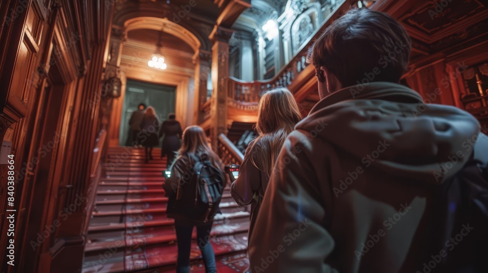 Fototapeta premium A corporate teambuilding event with ghost hunting activities in a historic building, participants using EMF detectors, photorealistic