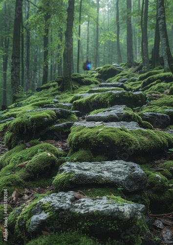Moss-covered rocks in a serene woodland  showcasing natural textures. 
