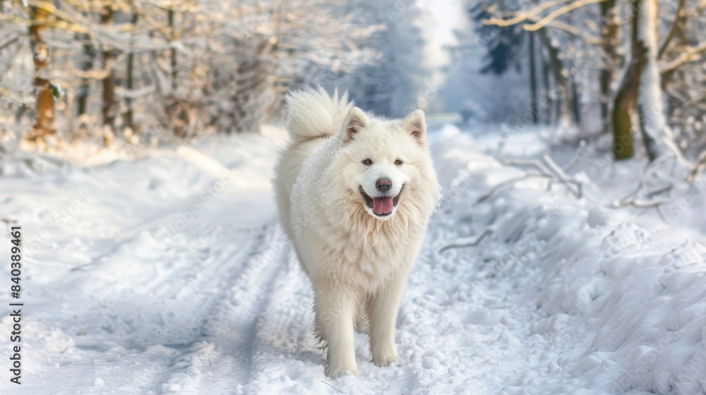 Samoyed white dog standing on a snowy path in the woods. Samoyed white dog standing on a snowy path in the woods.