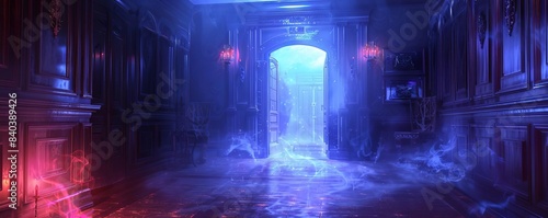 Mysterious glowing portal in dark room with mystical fog and vibrant lighting  evoking a sense of fantasy and wonder.