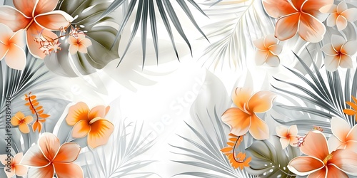 Fototapeta Naklejka Na Ścianę i Meble -  Contemporary tropical design featuring palm leaves and flowers on a white backdrop. Concept Tropical Design, Palm Leaves, Flowers, Contemporary Style, White Background