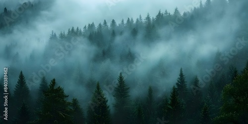 Enchanting Forest Scene Dark Fog  Mountain Fir Trees  and Dreamy Weather. Concept Forest Photography  Foggy Landscapes  Nature Portraits  Dreamy Atmosphere  Ethereal Scenes