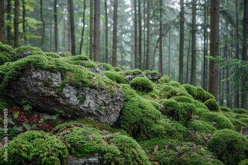 Moss-covered rocks in a serene woodland  showcasing natural textures. 