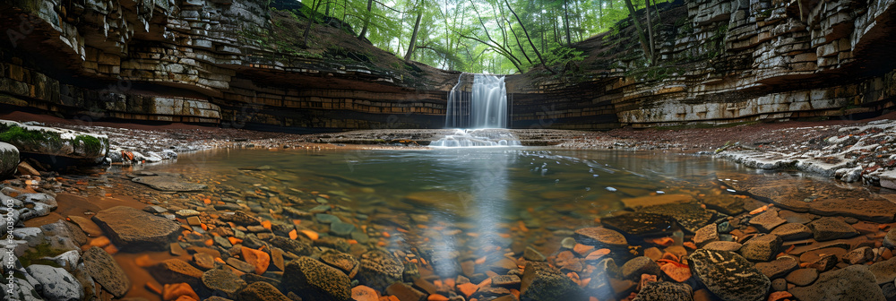 Fototapeta premium A panoramic view of a nature ravine, the steep cliffs and clear stream creating a dramatic scene
