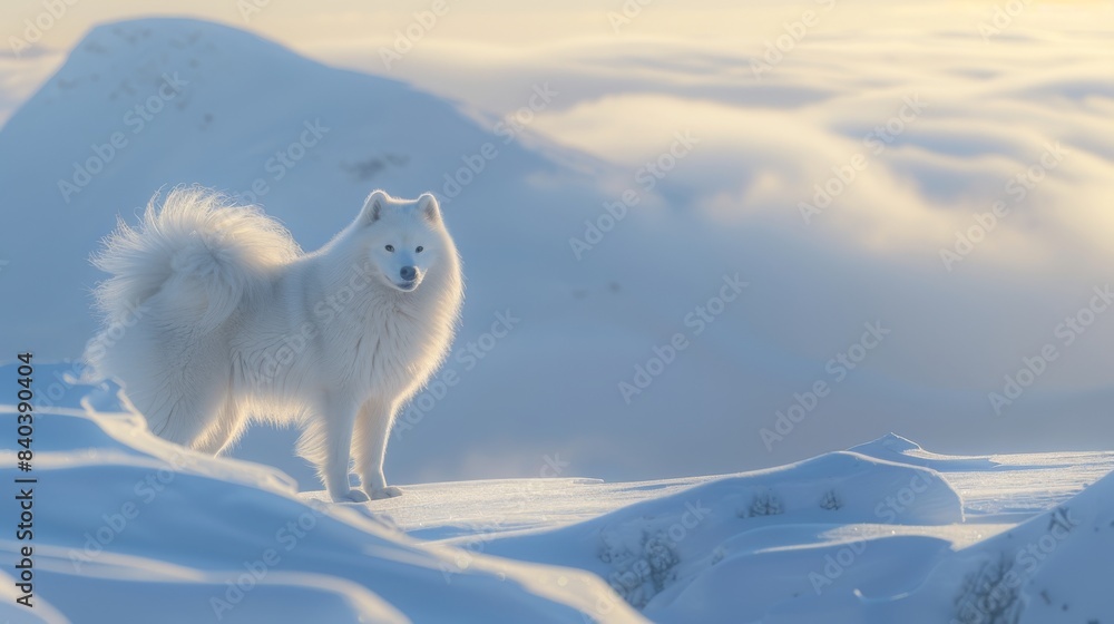 Samoyed standing in a snowy landscape on top of a snowy mountain. Samoyed standing in a snowy landscape on top of a snowy mountain.