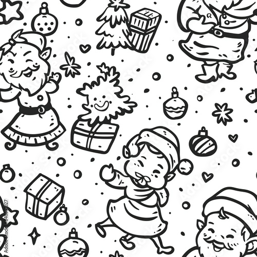 Wallpaper Mural Santa Claus and Mrs. Claus dancing together at a festive holiday party, surrounded by elves and reindeer, in a heartwarming line drawing by young kids. Minimal pattern banner wallpaper, simple Torontodigital.ca