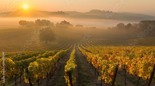 misty vineyard awaiting autumns bountiful harvest golden sunrise landscape photography