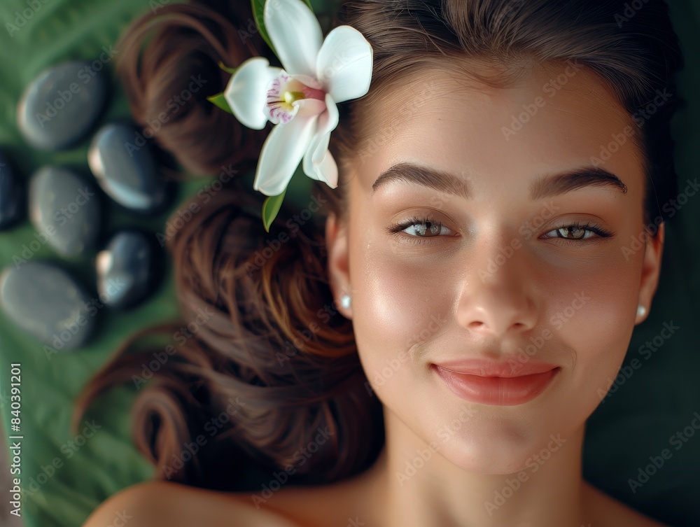 A woman is laying on a massage table with a flower in her hair A woman is laying on a massage table with a flower in her hair