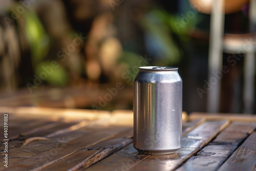 close up horizontal image of an unlabelled canned drink on a wooden table, mockup space photo