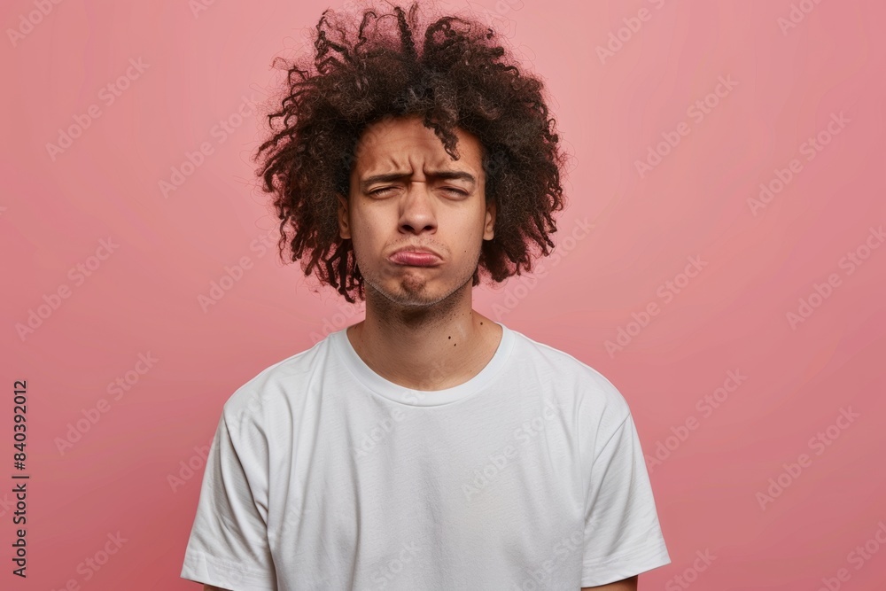 diverse guy looking disappointed with curly hair in white t shirt posing on pink wall minimal background with copy space diverse guy looking disappointed with curly hair in white t shirt posing on pink wall minimal background with copy space