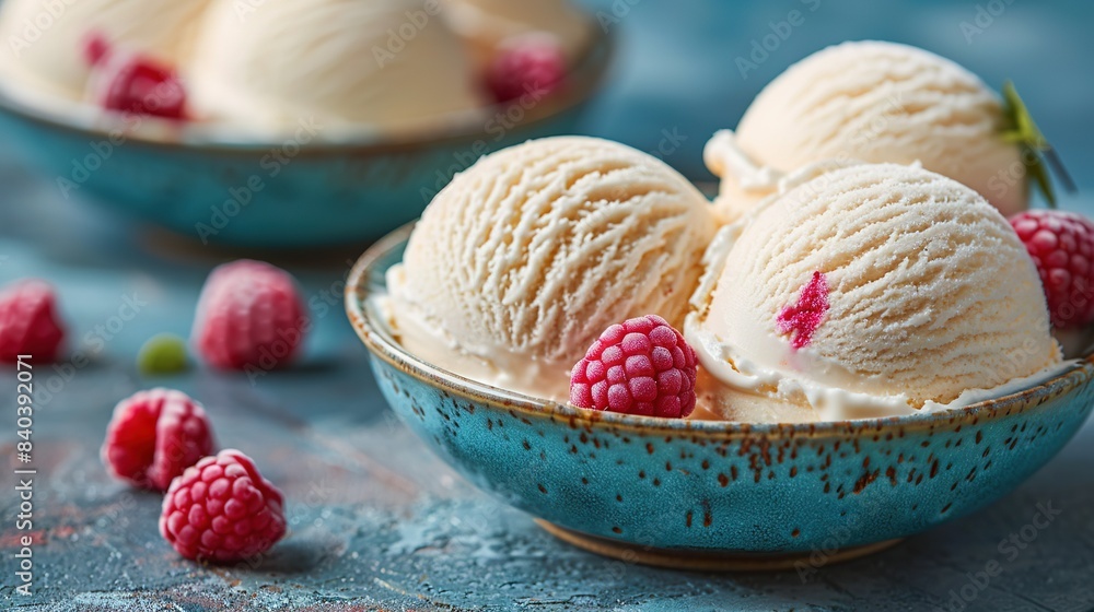 Three scoops of ice cream with raspberries in a blue bowl on a table with additional raspberries Three scoops of ice cream with raspberries in a blue bowl on a table with additional raspberries