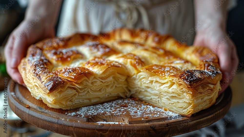 A close-up of a person holding a pie on a wooden platter with a slice taken out of it A close-up of a person holding a pie on a wooden platter with a slice taken out of it