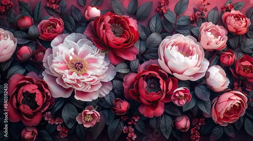 Fototapeta Naklejka Na Ścianę i Meble -  a seamless floral print featuring burgundy and pink peonies buds plants and leaves for wrapping paper greeting cards or backgrounds.image illustration