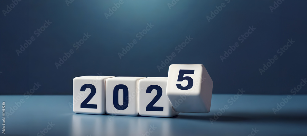 2025 number of with change to new era concepts. Flipping the 2024 to 2025 year calendar numbers on white dice, cube blocks isolated on dark blue banner background, minimalist simple style 2025 number of with change to new era concepts. Flipping the 2024 to 2025 year calendar numbers on white dice, cube blocks isolated on dark blue banner background, minimalist simple style