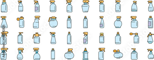 Spray bottle icons set outline vector. Sprayer cleaner. Mist air thin line color flat on white