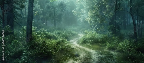 Tranquil forest pathway leading through a dense verdant landscape  The narrow winding trail is illuminated by soft diffused light creating a serene and peaceful setting ideal for mindfulness