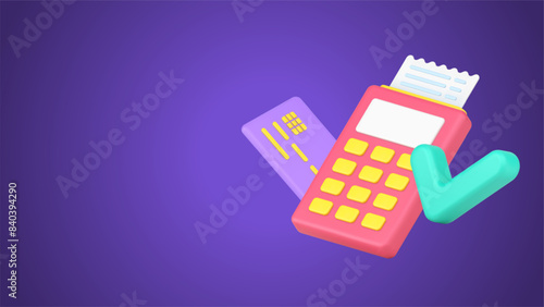 Contactless POS terminal payment with credit card and bill receipt accepted by check mark 3d icon