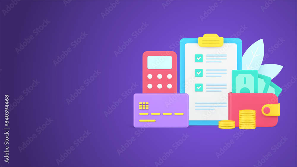 Clipboard with list of purchasing done checkmark and credit card for emoney payment, cash currency Clipboard with list of purchasing done checkmark and credit card for emoney payment, cash currency