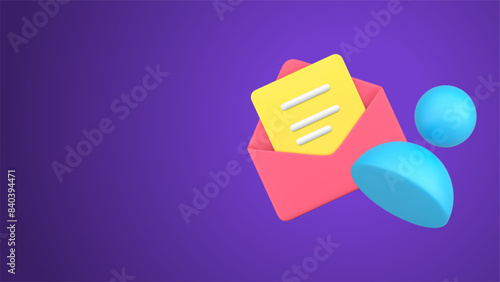 Simple 3d icon open envelope with newsletter and human member user skittle pin vector isometric