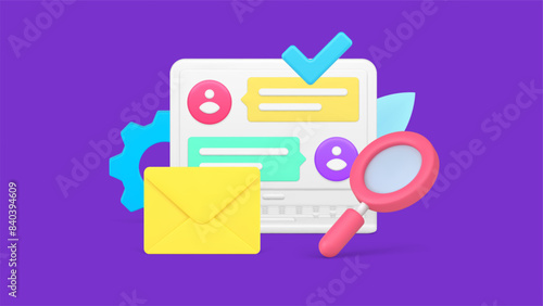 Online dialogue chatting searching with magnifying glass and done checkmark 3d icon isometric